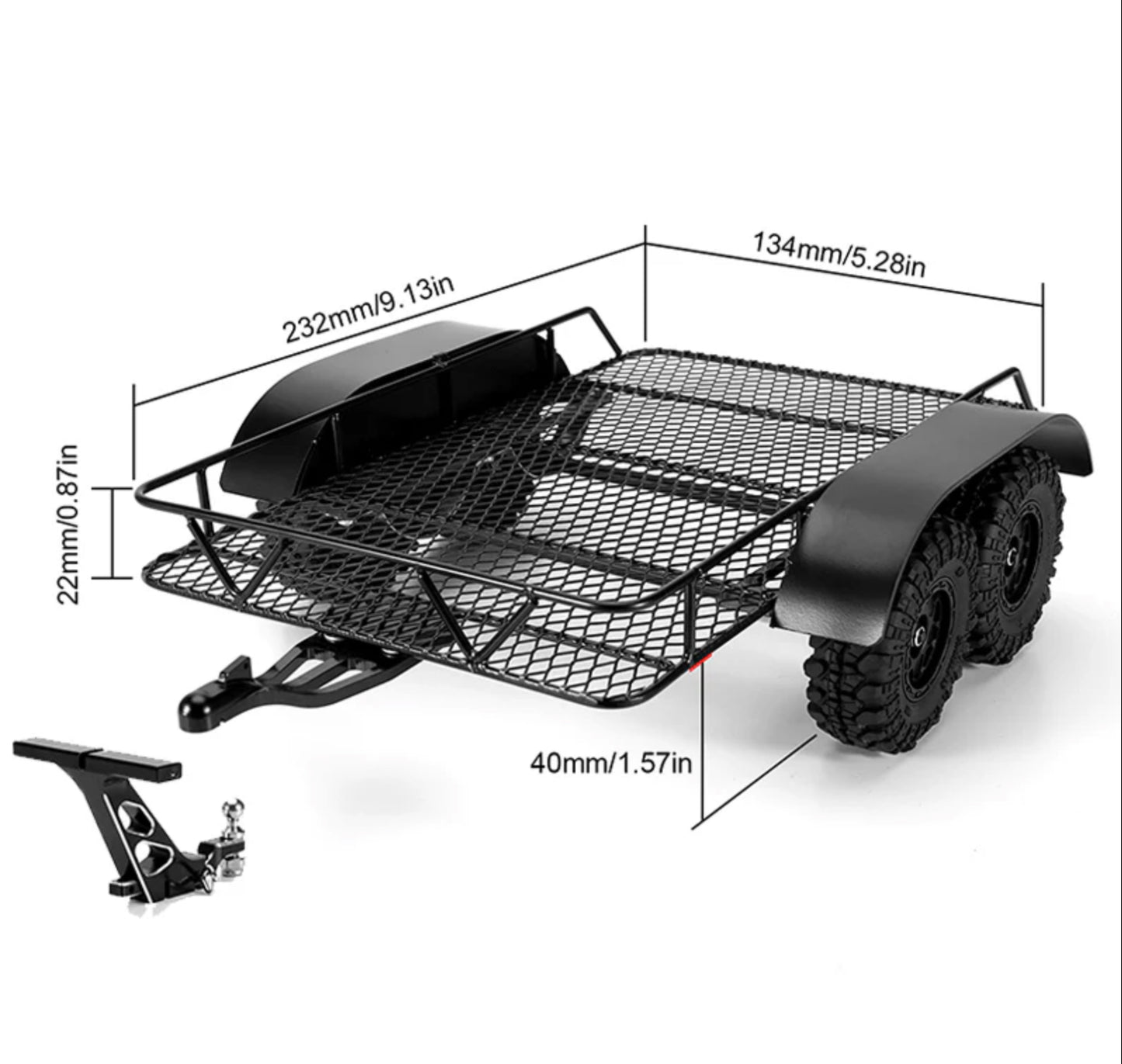 INJORA Metal Trailer with Aluminum Hitch Mount for 1/24 Axial SCX24