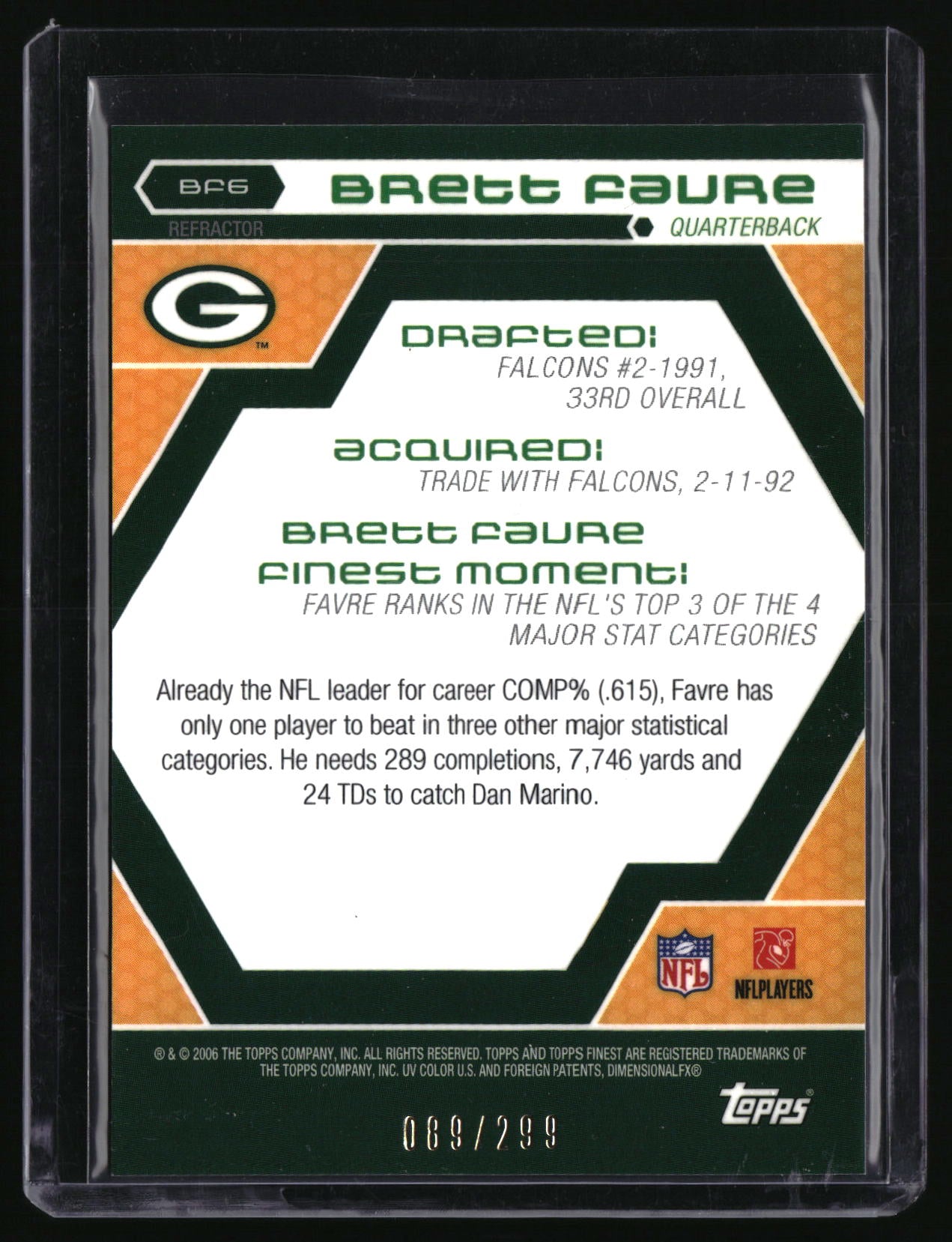 2006 Finest #BF6 Brett Favre Brett Favre Finest - Moments Blue Refractors #/299