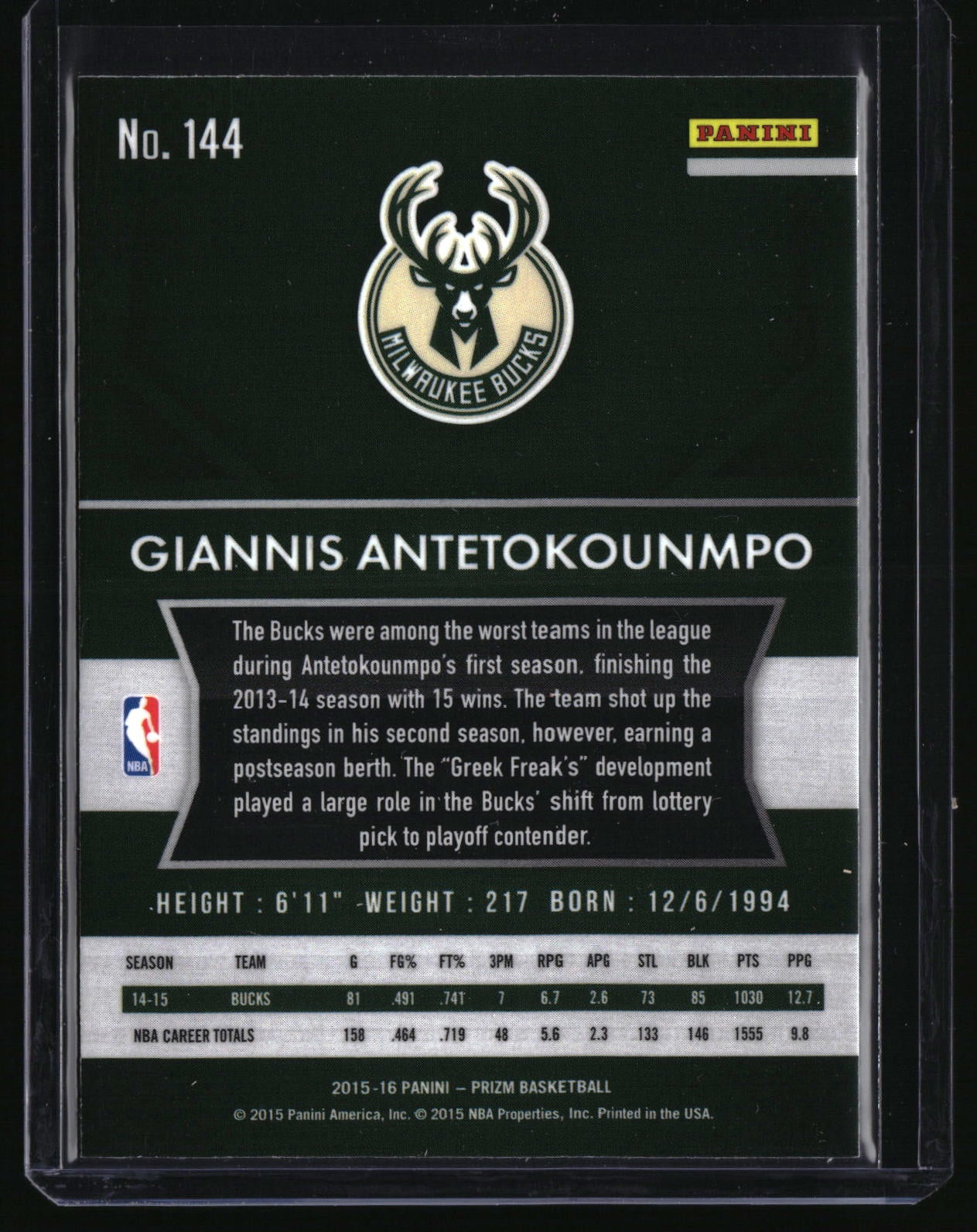 2015-16 Panini Prizm Gianis Antetokoumpo Silver No. 144