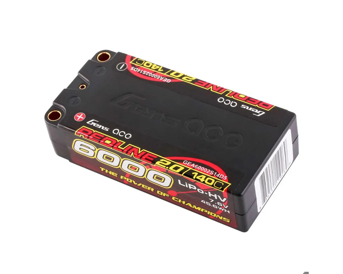 Gens Ace Redline 2.0 2S Shorty LiHV Battery 140C (7.6V/6000mAh) w/5mm Bullets